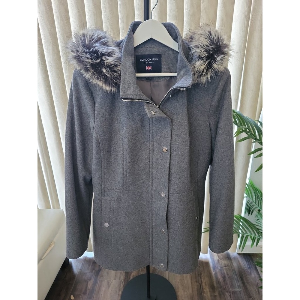 London Fog Women's Gray Hooded Coat with Faux Fur Trim‎
